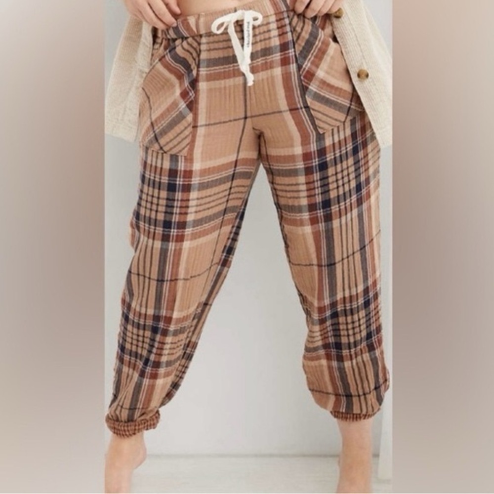 Aerie Soft Gauze Plaid Pajama Jogger Pants Womens Small Regular Brown/Tan Lounge - Picture 1 of 9